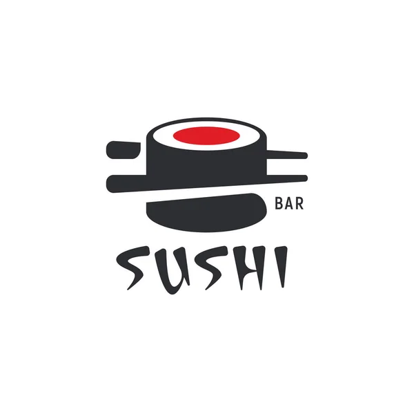 Sushi and rolls with chopstick bar or restaurant vector logo template. Japanese or chinese traditional cuisine, tasty food icon. Abstract black and red color for asian emblem. — Stock Vector