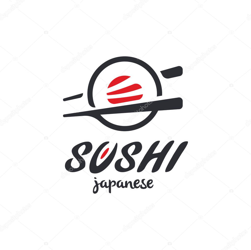 Sushi and rolls with chopstick bar or restaurant vector logo template. Japanese or chinese traditional cuisine, tasty food icon. Abstract black and red color for asian emblem