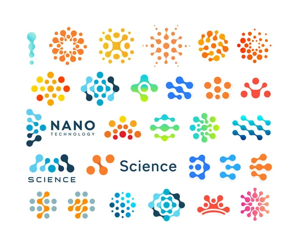 Набор шаблонов логотипов науки, креативные пунктирные логотипы, современные абстрактные формы, коллекция векторных эмблем — стоковый вектор