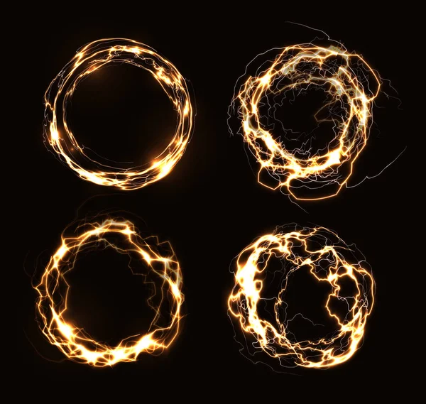 Magické prsteny, abstraktní elektrické kruhy, zlaté kulaté rámy, světelné kruhové blesky — Stockový vektor