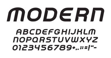 Modern harfler, sayılar ve noktalama işaretleri. Modern tarz alfabe. Etkinlikler için yazı tipi, promosyonlar, logolar, afişler, monogram ve poster. Vektör tipografi tasarımı.