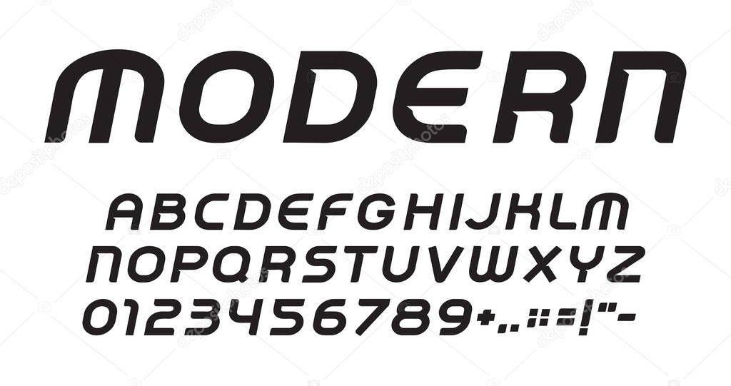 Modern letters, numbers and punctuations symbols set. Modern style alphabet. Font for events, promotions, logos, banner, monogram and poster. Vector typography design