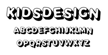 Çocuk harfleri. Gölgeli çizgi film alfabesi. Çocuk eğitimi için çocuk yazı tipi, çocuk tatili ve doğum günü. Vektör tipografi tasarımı.