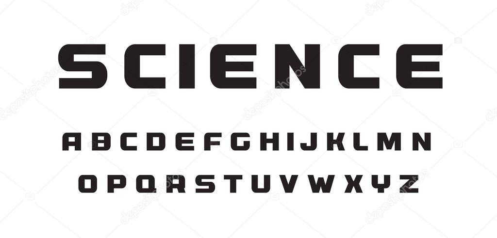 Science technology letters. Black wide geometrical simple style alphabet. Font for web, sport, digital. Vector typography design.