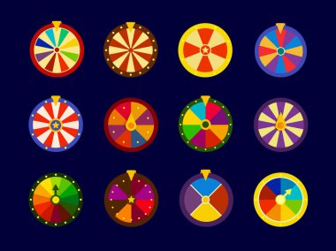 Fortune Wheels vektör simgeleri seti, piyango tekerleği koleksiyonu, online kumarhane ve kumar oyunları için vektör illüstrasyonu