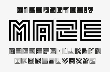 Doğrusal labirent harfleri ve numaralar ayarlandı. Labirent tarzı alfabe. Contout geometrik yazı tipi, lineart logo ve monogram konsepti. Ana hatlı vektör tipografi tasarımı