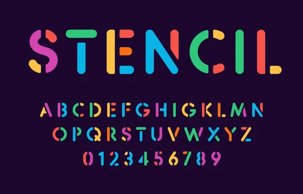 Pochoir couleur lettres et chiffres sur fond sombre, concept d'alphabet scolaire, typographie vectorielle — Image vectorielle