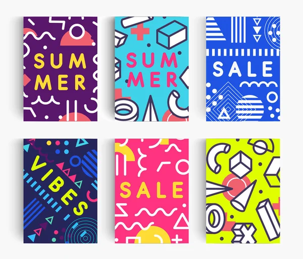 Set of Summer poster. Bright Memphis geometric design template for banner, card and flyer backgrounds. Creative vector illustration. — Stock Vector