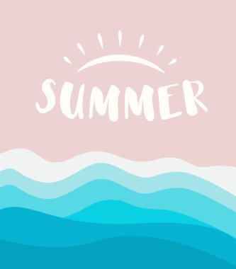 Yazlık afiş şablonu, güneş logosu konsepti, kumsalda deniz dalgaları. Vektör illüstrasyonu.