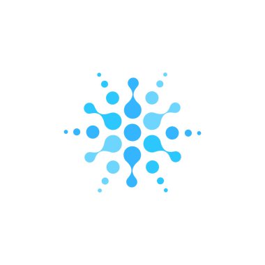 Köpüklü su logosu, soyut yuvarlak logoti şablonu, mavi noktalı amblem, beyaz arka planda vektör içeceği etiketi kavramı.