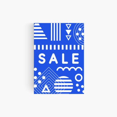 Mavi geometrik memphis satış afişi, poster, broşür, indirim kartı, davetiye ve broşür. İndirim metni ile soyut vektör şekilleri.