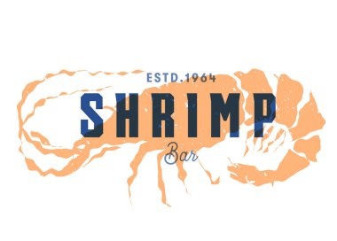 balık silueti işareti, karides vektör amblemi, deniz ürünleri restoranı etiketi, yiyecek pazarı menüsü rozeti.