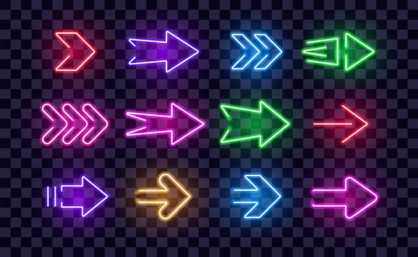 Neon Rechts Pijlen kleurrijke vector pictogrammen ingesteld. Realistische gloeiende wijzers op transparante achtergrond. Locatie indicator voor casino, bar, bioscoop, nachtclub en motel, geïsoleerde symbolen pack. — Stockvector