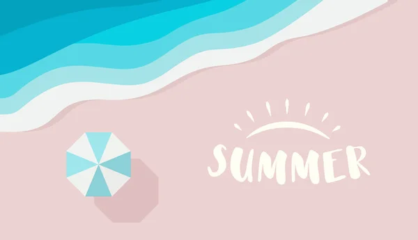 テキストやロゴの場所と広い夏のポスターテンプレート。紺碧の海、ビーチの傘とピンクの砂のトップビュー。海、川や海でリゾートやオープンエアのエンターテイメント。ベクトル平面背景. — ストックベクタ