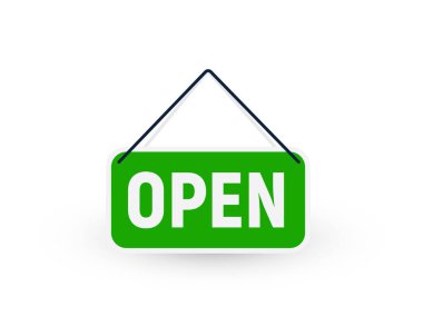 Restoranın, kafenin, spor salonunun, dükkanın ve marketin kapısında yeşil tabela açıyorum. Beyaz arkaplanda izole vektör çizimi.