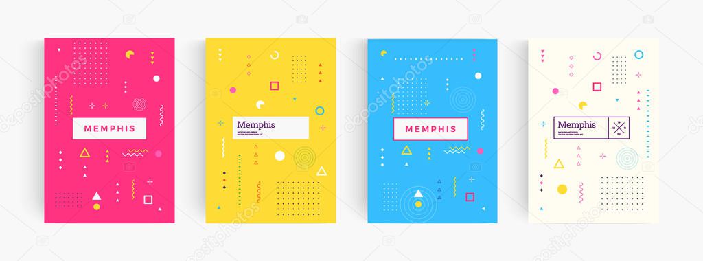 Colorful abstract minimalistic style poster, memphis geometric background, cover template, creative pattern for cover, brochure, flyer. Cartoon poster design set. Creative banner concept. Vectors.