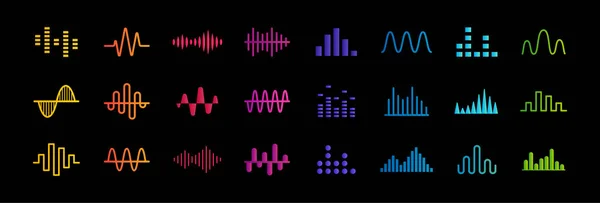 Ensemble d'icônes d'égaliseur de musique, lignes d'ondes sonores, collection de symboles de barre de fréquence et de graphique, signe médical de pouls cardiaque, illustration vectorielle — Image vectorielle