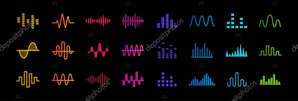 Set of music equalizer icons, sound waves lines, rate and chart bar symbols collection, heart pulse medical sign, vector illustration.