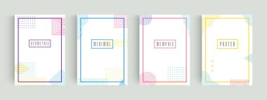 Renkli soyut minimalist poster seti, memphis geometrik şekiller arka plan. Kitap, broşür, yıllık rapor, yaratıcı özet. Vektör yerleşim şablonu.