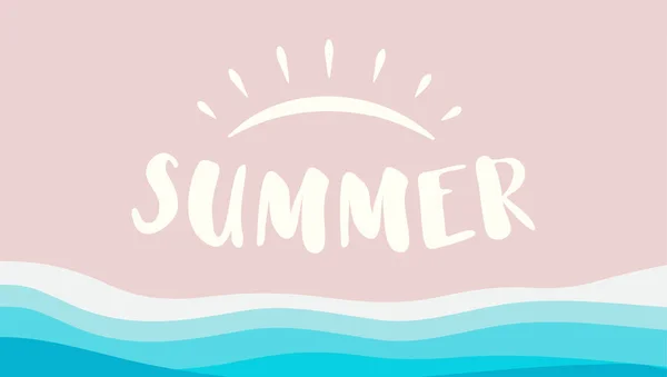 Літній пляж Векторні ілюстрації. Океан ізольований синім і рожевим. Логотип морського курорту. фон елемента Сонця . — стоковий вектор