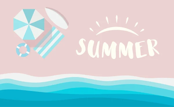 海の波とピンクのビーチの夏のロゴ、ベクトルフラットイラスト、夏のバナーの背景 — ストックベクタ