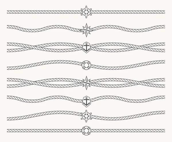 Ensemble de corde nautique avec des symboles marins au centre de la ligne. Ligne de démarcation, soulignement, ligne pour cadre. Modèle marin sans couture . — Image vectorielle
