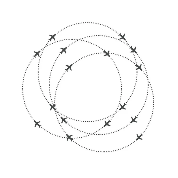 Aviones dando vueltas en una trayectoria circular. Avión y dirección del camino redondo. Sencilla silueta Vector ilustración . — Vector de stock