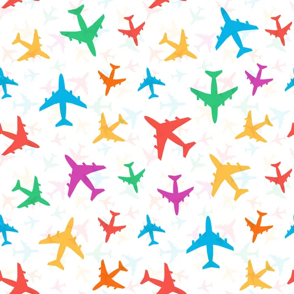 Cheerful bright colorful pattern of colored airplanes, random arrange. Ideal for packaging design, brochures, posters and clothing. Vector seamless pattern on white background. — Stock Vector