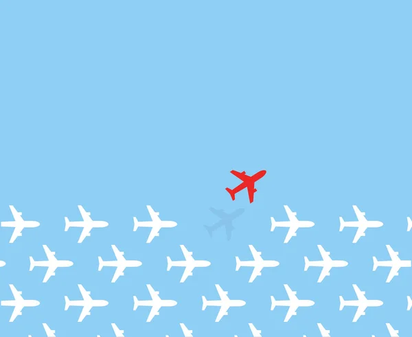 Beyaz uçaklar bir yönde uçuyor ve sadece bir kırmızı uçak mavi gökyüzü arka planında farklı yönlerde uçuyor. Yenilikçi yaratıcı çözüm için iş konsepti modeli. Vektör arkaplanı. — Stok Vektör
