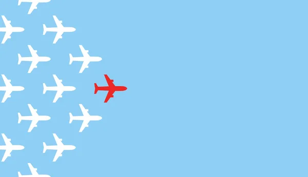 リーダーシップの概念。1機の赤いリーダー機が他の白い飛行機を前進させる。赤と白の飛行機。モチベーションビジネスベクトルイラスト. — ストックベクタ