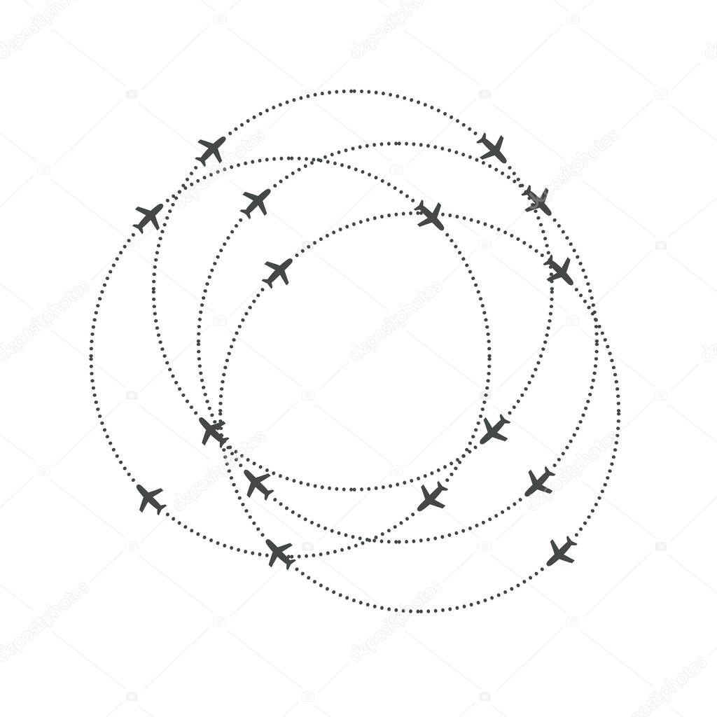 Aircraft circling on a circular trajectory. Airplane and round path direction. Simple sillhouette Vector illustration.