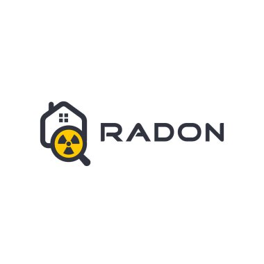 Radon ilk alarm çantasının logosu. Zehirli gaz tespiti logosu. Düzeltme, ev güvenliği ikonu. Tehlikeli kimyasal element testi.