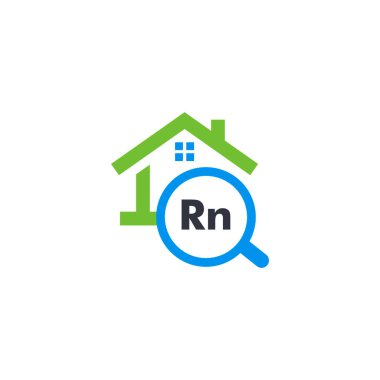 Radon kirliliği test hizmeti grafik simgesi. İzole edilmiş ev kirası web sitesi logosu. Gayrimenkul satışı web logosu. Bağış şirketi. R n, tehlikeli kimyasal element alarm kiti vektör çizimi.