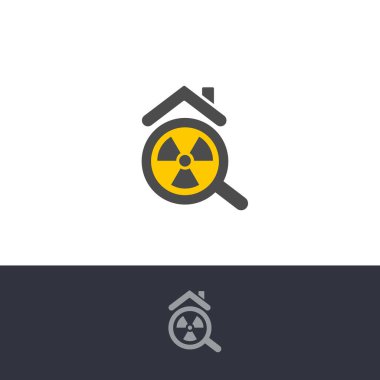 İzole edilmiş zehirli radon kirliliği, kimyasal element logosu. Radyoaktif bina, ev ikaz ikonu. Radyum kirliliği test logosu. Atomik radyasyon, rn işareti. Tehlikeli ortam uyarısı.
