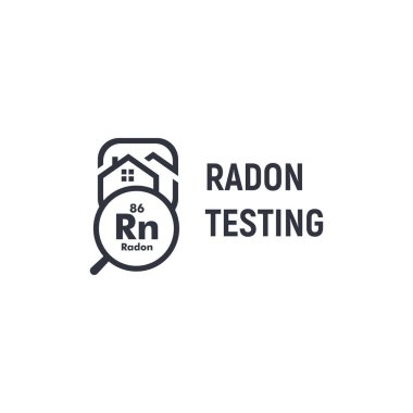 Radon ilk alarm kiti logotini test ediyor. Ev yenileme servisi logosu. Zehirli kimyasal element, gaz yayılan önleme ikonu. Siyah ve beyaz ev ve büyüteç taşıyıcı işareti.