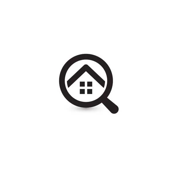 Logo de l'application de recherche de loyer de maison en forme ronde. Agence immobilière logotype maison. Bâtiment noir et blanc et icône en verre grossissant. Élément d'architecture illustration vectorielle . — Image vectorielle