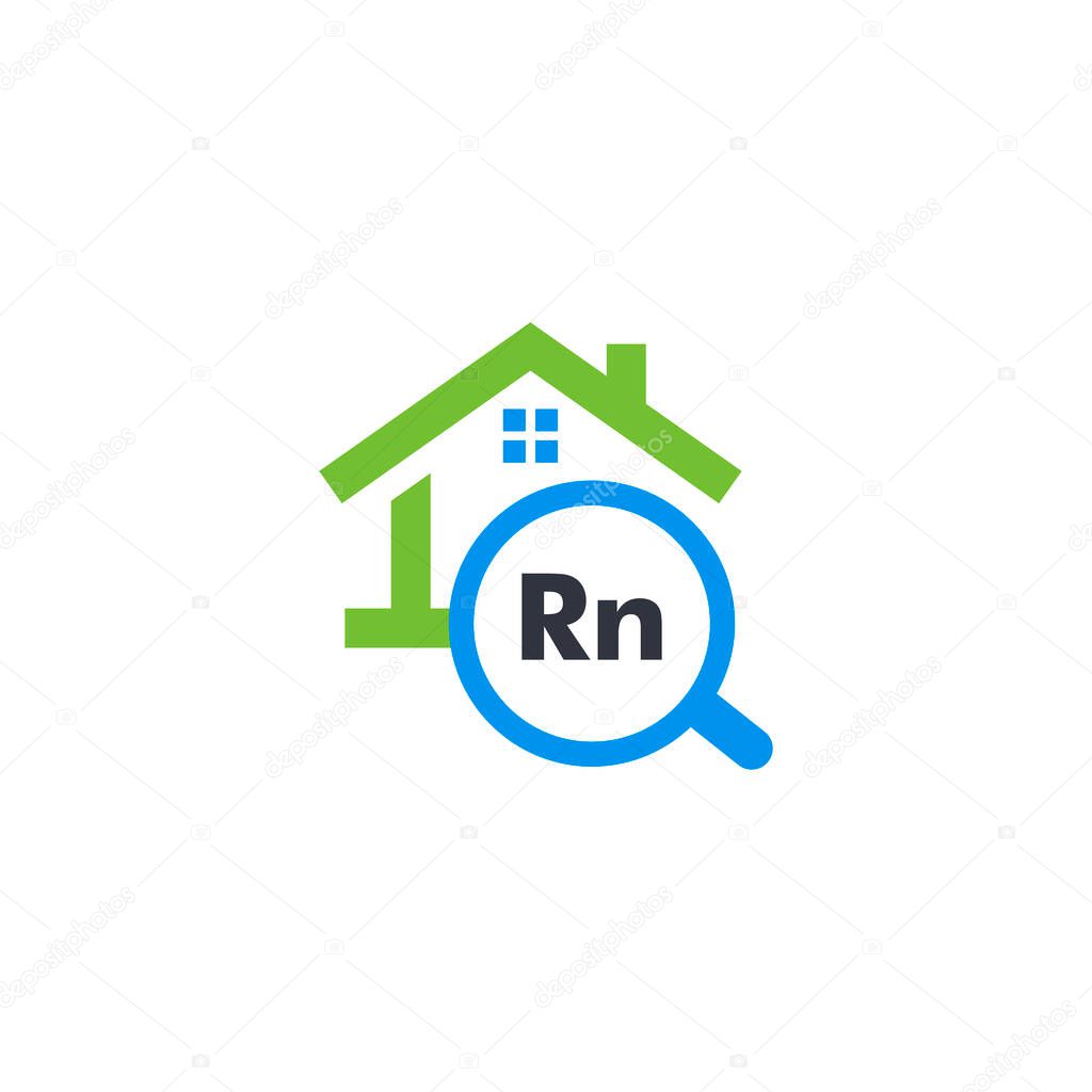 Radon pollution testing service graphic icon. Isolated house rent search website logo. Real estate sale web logotype. Buiding company. Rn, dangerous chemical element alert kit vector illustration
