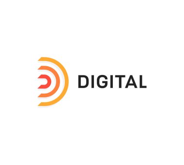 Soyut dijital simge, turuncu yarım daire, D harfi doğrusal logo şablonu, düz soyut amblem. İş, web ve sunum için logot tasarımı kavramı. Vektör logosu.