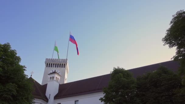 Lublaňský zámecký dvůr s Hodinovou věží — Stock video