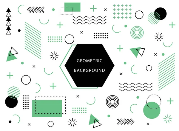 Soyut element şekilli Memphis geometrik arka planı. Tatil posteri, kart, sosyal medya için grafiksel asgari doku. Çemberli soyut desen, yarım tonlu noktalar. Geometri afişi. vektör
