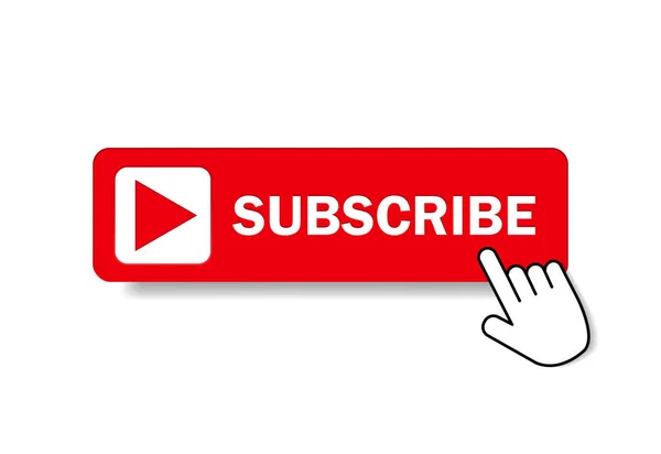 Red button subscribe of channel with hand cursor. Subscribe button in flat style. Label subscribe for video channel for website. vector — Stock Vector