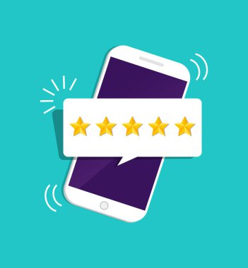 Kaliteli yıldız puanı. Mobile 'de altın yıldız ikonu olan müşteri değerlendirmesi. Müşteri değerlendirmesi 5 yıldızlı. Geri bildirim konsepti. Kalite, değer biçme, rütbe. Pozitif eleştiri. vektör