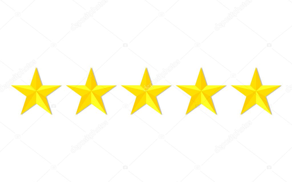 Quality stars rating. Customer review with gold star icon. 5 stars assessment of customer in flat style. Feedback concept. Quality rank. Appraisal, level rank. Positive review. vector isolated