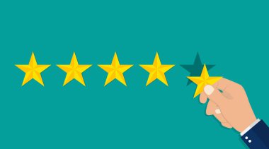 El, 5 yıldızlı reyting veriyor. Düz stil olarak beş yıldızı inceler. En üst simgede düz 5 yıldız. Kaliteli yıldız derecesi, geri bildirim rütbesi konsepti. Performans oranı. Hizmet değerlendirmesi iyi. vektör