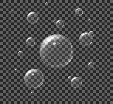 Şeffaf arka planda hava sabunu köpükleri. Banyo için 3D su köpüğü hazırla. Gerçekçi beyaz sabun köpüğü, parlak sıvı köpük. Yansımalı su damlası. Su topu izole edildi. vektör