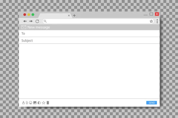 Mall för e-postmeddelande. Mockup tomt postfönster. Webbläsare gränssnitt med med skicka form av brevlåda. Flat e-post sida för meddelande. Blank ui design. Ramgränssnitt för webbplats. vektor — Stock vektor