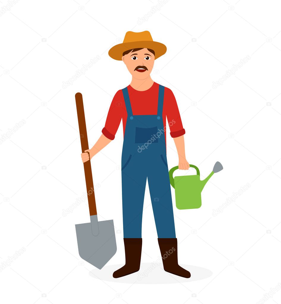 Happy cartoon farmer hold shovel and watering can. Agricultural worker with hat and mustache on isolated background. Flat farmer man. Gardener with tool. Rural worker. Cartoon vector illustration