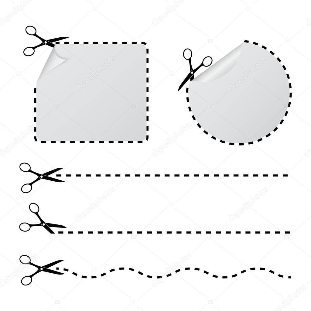 Cut with scissors in a dashed line. Cutout border with curl corner for paper sticker, tag, banner. Cutout line icon for sale, discount, promotion. Cutoff rectangle frame and circle of voucher.vector