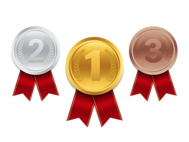 Gold, silver, bronze medals. 3d award medal for 1st, 2nd, 3nd place. Blank insignia of medal with red, white, blue ribbon for victory of winner. Champion reward. Design honor medal isolated.