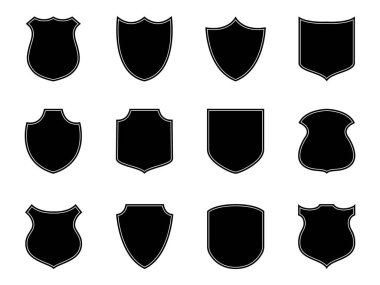 Police badge label. Military logo, shield emblem. Security badge silhouettes. Flat football patch. Set of armor safety. Soccer badge isolated on white background. Police emblem or stamp. vector